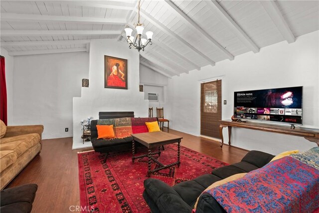 28015 Old Mine Rd, Ranchita, CA 92066 - living area with a chandelier, wooden ceiling with exposed beams, wood finished floors, high vaulted ceiling, and a fireplace