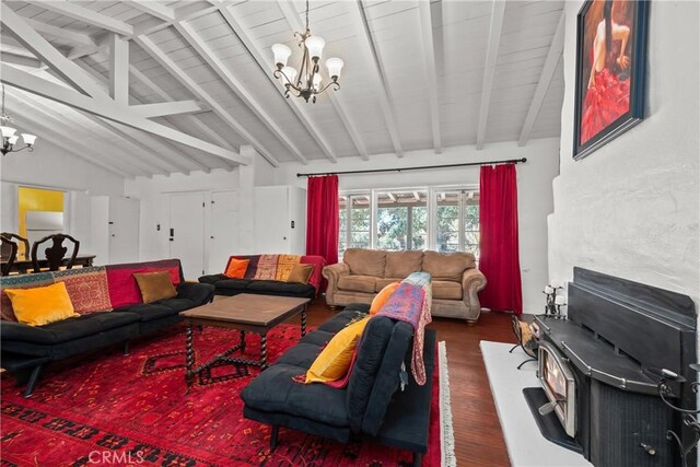 28015 Old Mine Rd, Ranchita, CA 92066 - living area featuring a chandelier, wood finished floors, and wooden ceiling