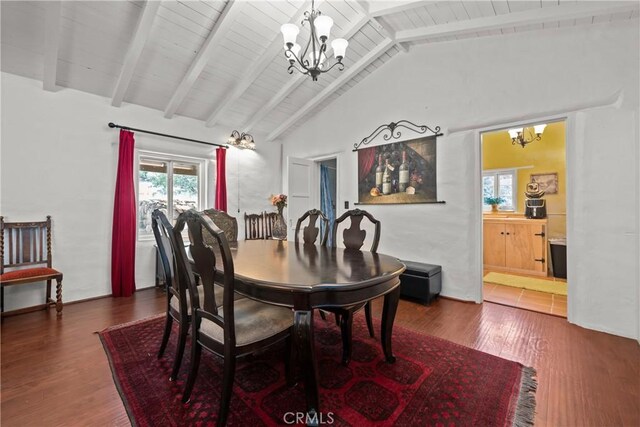 28015 Old Mine Rd, Ranchita, CA 92066 - dining room featuring a chandelier, wood finished floors, healthy amount of natural light, and wooden ceiling