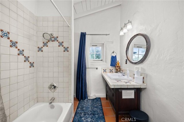 28015 Old Mine Rd, Ranchita, CA 92066 - bathroom featuring shower / bath combo, vanity, and tile patterned floors
