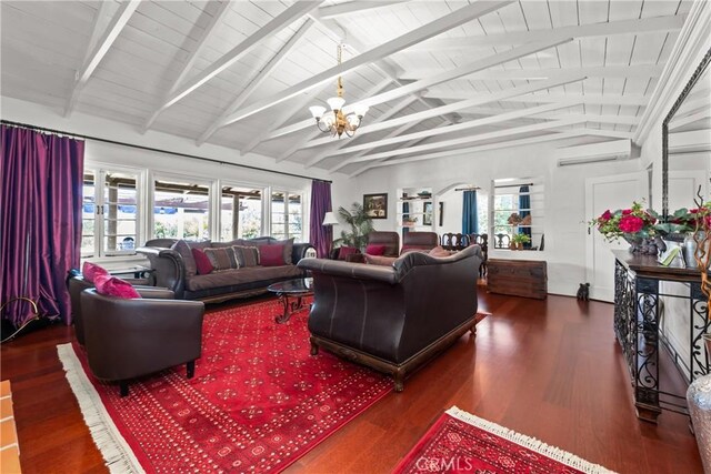 28015 Old Mine Rd, Ranchita, CA 92066 - living area featuring a chandelier, a wall unit AC, wood finished floors, wooden ceiling, and arched walkways