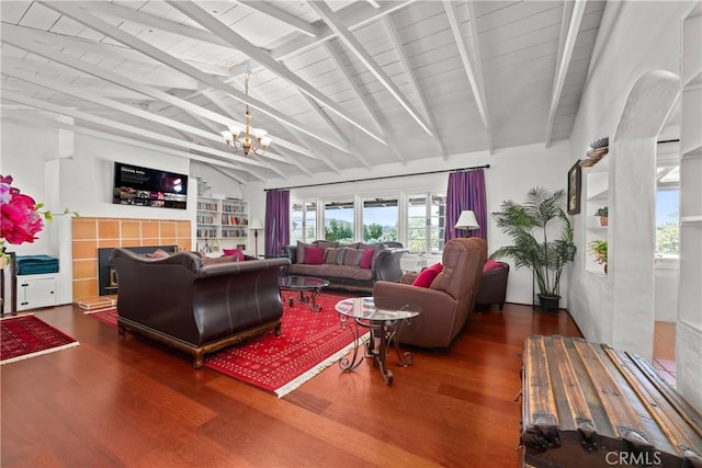 28015 Old Mine Rd, Ranchita, CA 92066 - living room featuring wood finished floors, a chandelier, plenty of natural light, and wooden ceiling
