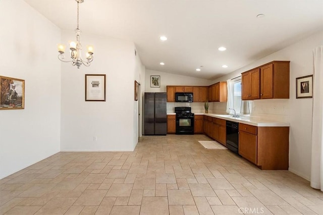 905 Broadway Ave, Barstow, CA 92311 - kitchen with vaulted ceiling, brown cabinets, light countertops, black appliances, and a notable chandelier