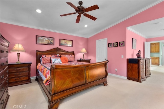 bedroom with a ceiling fan, crown molding, baseboards, light carpet, and recessed lighting