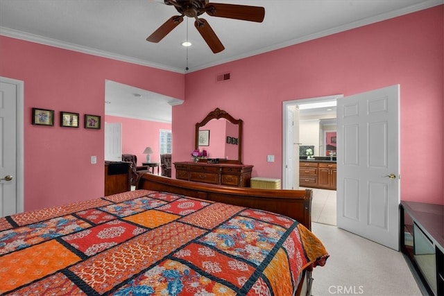 bedroom featuring crown molding, ceiling fan, visible vents, and light carpet