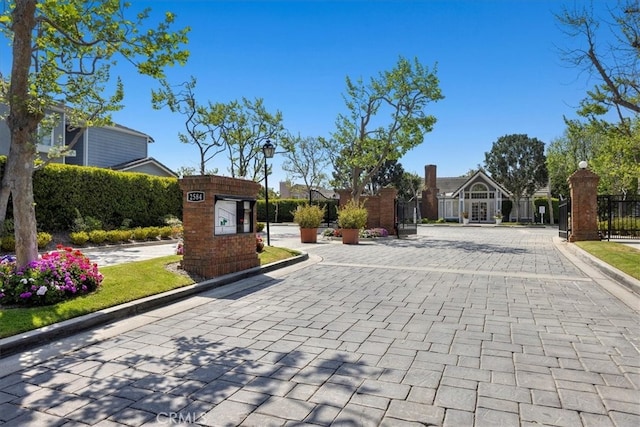 view of road featuring street lights, a gated entry, a gate, and curbs