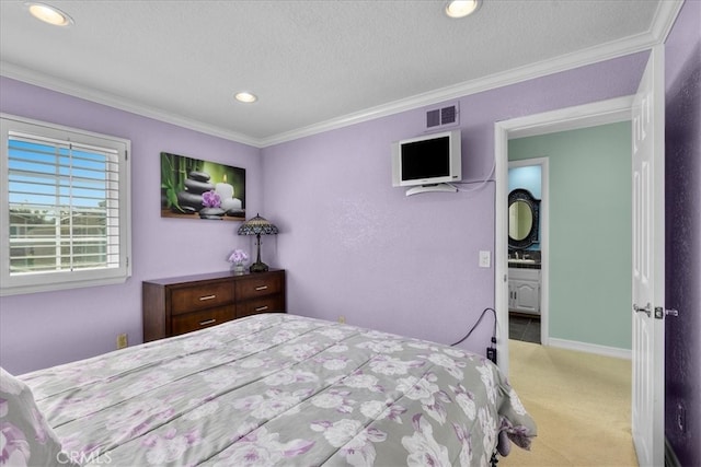 bedroom with crown molding, a textured ceiling, carpet, recessed lighting, and visible vents