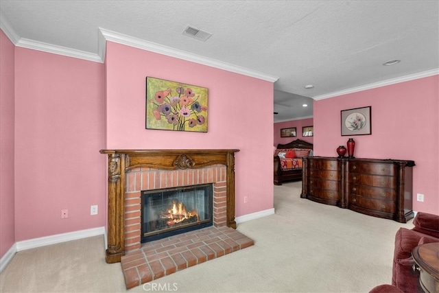 carpeted living room featuring visible vents, crown molding, a brick fireplace, baseboards, and recessed lighting