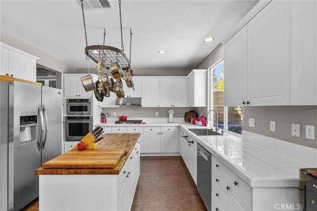 kitchen featuring a sink, butcher block countertops, stainless steel appliances, under cabinet range hood, and visible vents