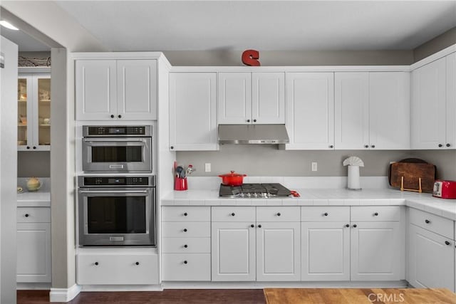 29081 Madrid Pl, Castaic, CA 91384 - kitchen with under cabinet range hood, appliances with stainless steel finishes, white cabinets, wood finished floors, and tile countertops