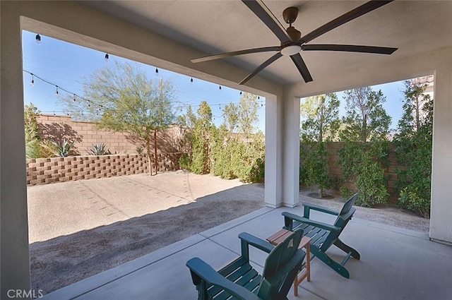 35719 Mccarthy St, Palm Desert, CA 92211 - view of patio with a fenced backyard and a ceiling fan