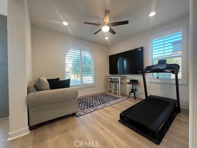 35719 Mccarthy St, Palm Desert, CA 92211 - workout area with baseboards, ceiling fan, and wood finished floors