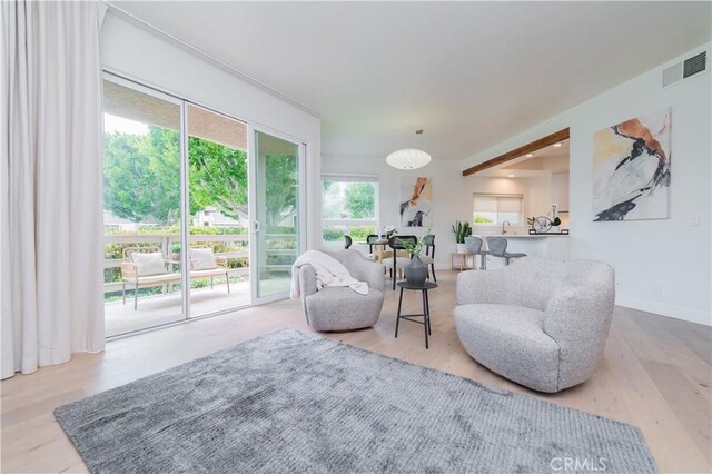 living area with baseboards, wood finished floors, and visible vents