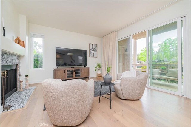 living area featuring a fireplace and light wood finished floors