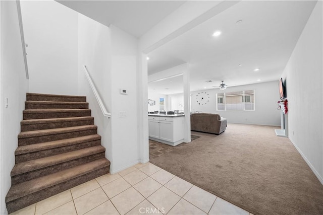 6506 Zion Way, Jurupa Valley, CA 92509 - staircase with carpet, recessed lighting, a ceiling fan, tile patterned floors, and baseboards