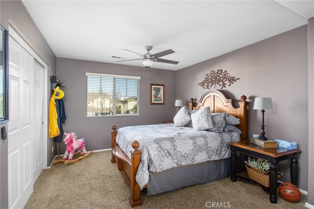 6347 Lyndsey St, Eastvale, CA 92880 - carpeted bedroom with visible vents, baseboards, ceiling fan, and a closet