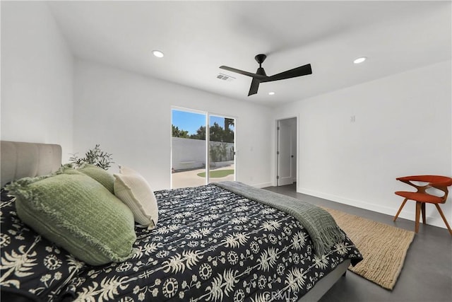 bedroom featuring visible vents, access to exterior, baseboards, recessed lighting, and a ceiling fan