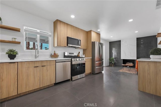 2480 N Aurora Dr, Palm Springs, CA 92262 - kitchen with stainless steel appliances, modern cabinets, light countertops, recessed lighting, and open shelves
