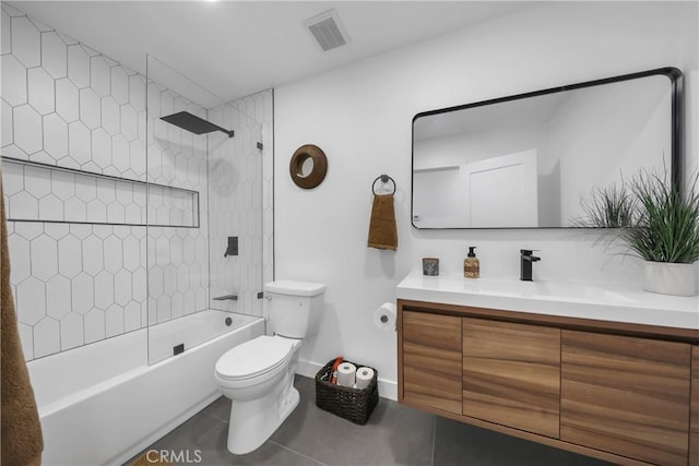 bathroom with shower / bath combination, visible vents, tile patterned flooring, vanity, and toilet