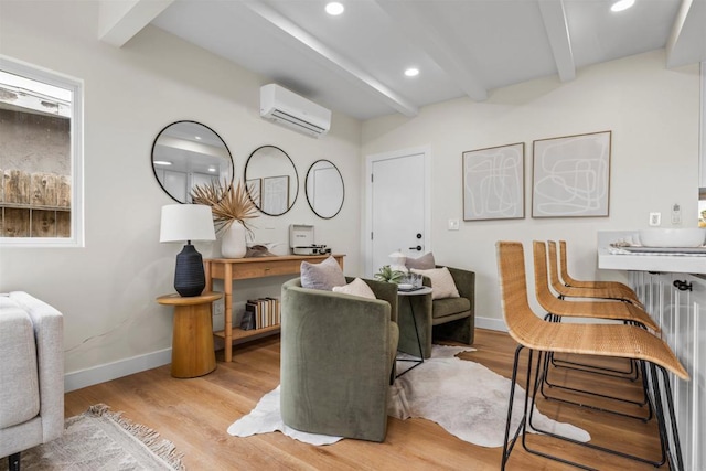 5061 Canosa Ave, San Diego, CA 92117 - interior space with beamed ceiling, a wall unit AC, and wood finished floors