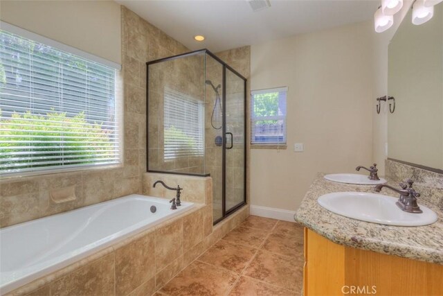bathroom with a sink, a wealth of natural light, and a shower stall