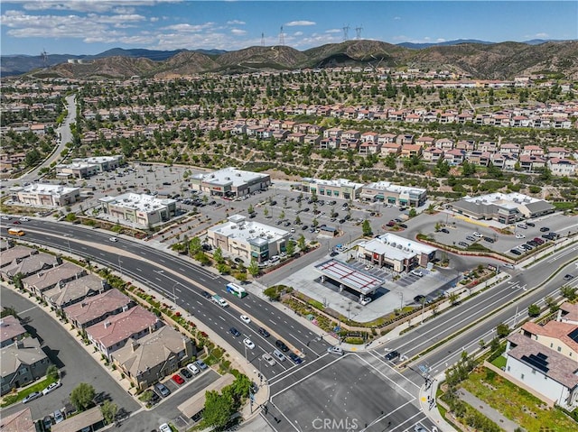 drone / aerial view featuring a mountain view and a residential view