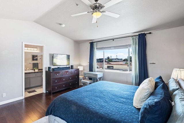 4658 Ohio St, San Diego, CA 92116 - bedroom featuring lofted ceiling, wood finished floors, ensuite bath, baseboards, and ceiling fan