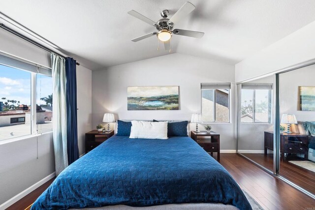 4658 Ohio St, San Diego, CA 92116 - bedroom featuring wood finished floors, lofted ceiling, baseboards, and a ceiling fan