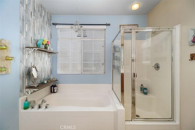 34787 Grotto Hills Dr, Winchester, CA 92596 - bathroom featuring a stall shower, a bath, and a notable chandelier