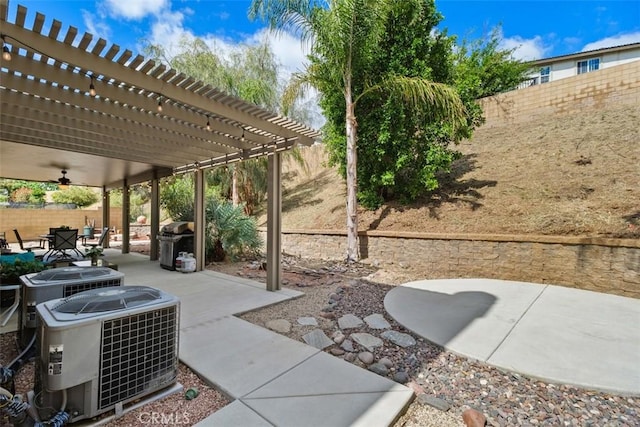 34787 Grotto Hills Dr, Winchester, CA 92596 - view of patio / terrace featuring a pergola, central AC, a fenced backyard, a ceiling fan, and a grill