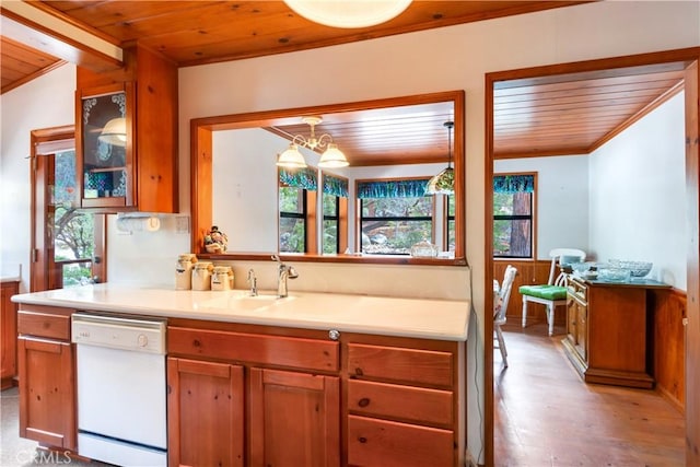 kitchen with brown cabinetry, dishwasher, wooden ceiling, and glass insert cabinets