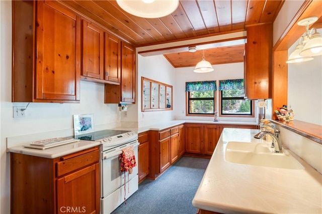kitchen featuring electric range, brown cabinets, a sink, wooden ceiling, and light countertops
