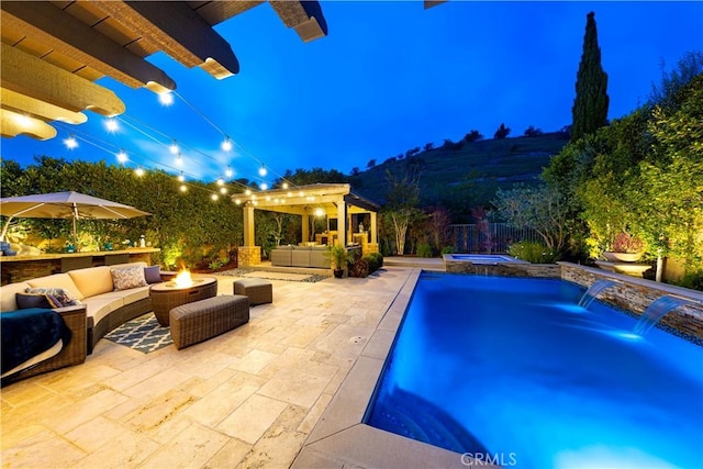40 Calle Mattis, San Clemente, CA 92673 - pool at twilight featuring a patio, an outdoor living space with a fire pit, a pool with connected hot tub, and a pergola