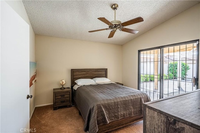 749 Cortez Dr, Hemet, CA 92545 - bedroom featuring ceiling fan, a textured ceiling, access to exterior, baseboards, and vaulted ceiling