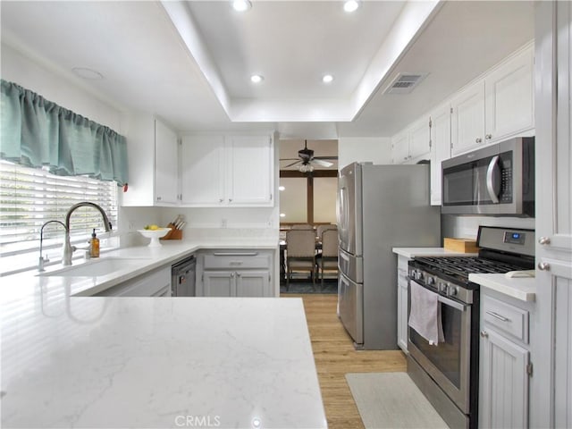 kitchen with visible vents, light wood-style floors, a tray ceiling, a sink, and stainless steel appliances
