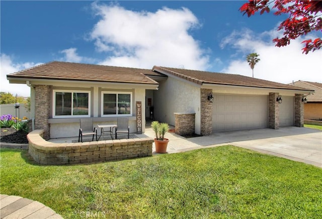 single story home featuring stone siding, a front yard, stucco siding, an attached garage, and driveway