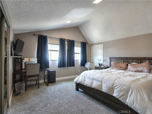 carpeted bedroom featuring baseboards, vaulted ceiling, and a textured ceiling