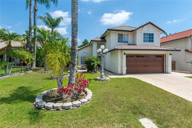 view of front of house featuring a tiled roof, a front lawn, concrete driveway, an attached garage, and stucco siding