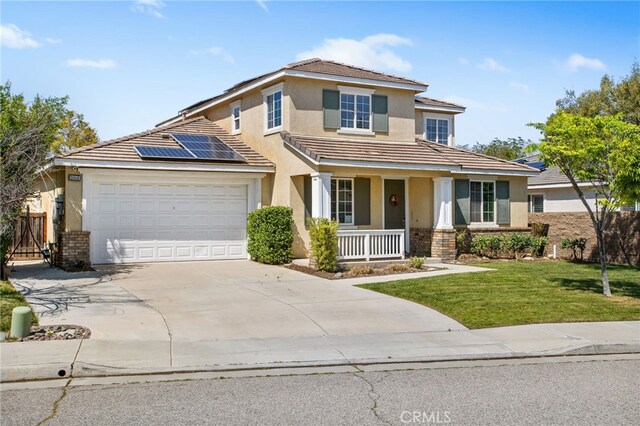 29040 Foghorn Ct, Menifee, CA 92585 - traditional-style home featuring covered porch, concrete driveway, brick siding, and stucco siding