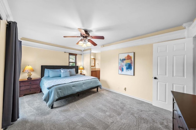 16016 Spangler Peak Rd, Ramona, CA 92065 - bedroom featuring a ceiling fan, baseboards, ornamental molding, ensuite bathroom, and carpet