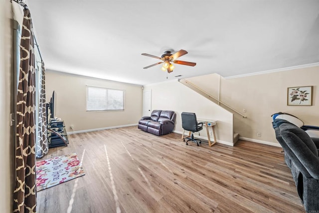16016 Spangler Peak Rd, Ramona, CA 92065 - office space with crown molding, a ceiling fan, baseboards, and wood finished floors
