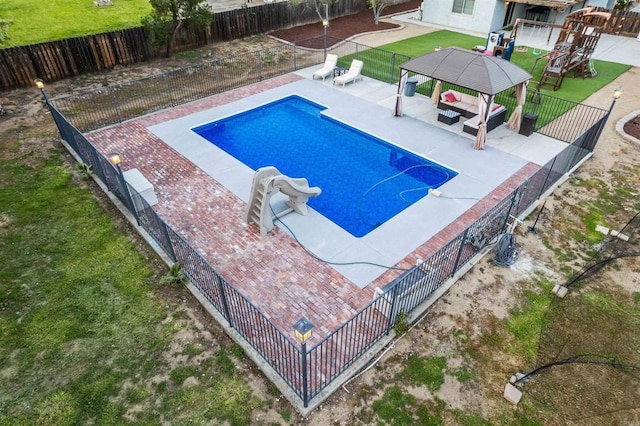 16016 Spangler Peak Rd, Ramona, CA 92065 - view of pool with a gazebo, a water slide, a fenced backyard, a fenced in pool, and a patio area
