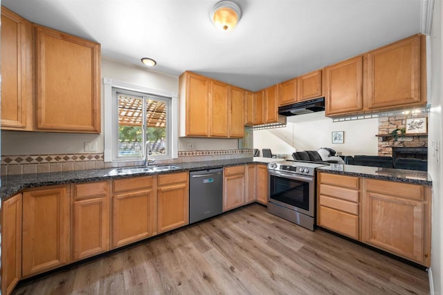 16016 Spangler Peak Rd, Ramona, CA 92065 - kitchen featuring decorative backsplash, a sink, light wood finished floors, under cabinet range hood, and stainless steel appliances