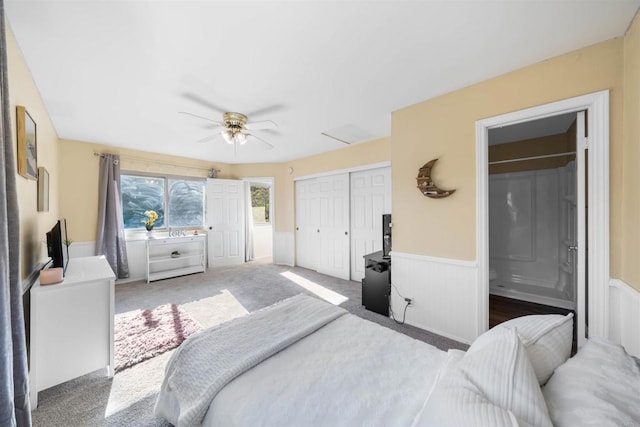 16016 Spangler Peak Rd, Ramona, CA 92065 - bedroom featuring carpet flooring, ceiling fan, wainscoting, and a closet