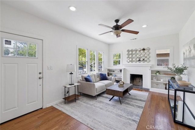 1781 Whitefield Rd, Pasadena, CA 91104 - living area featuring ceiling fan, a brick fireplace, recessed lighting, baseboards, and wood finished floors