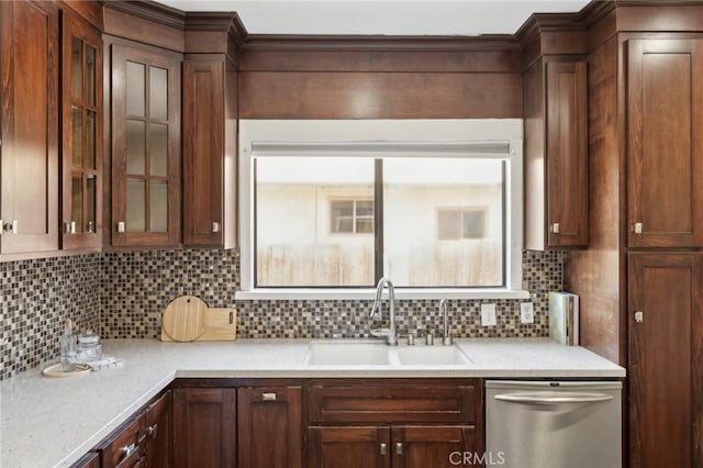 1781 Whitefield Rd, Pasadena, CA 91104 - kitchen with glass insert cabinets, tasteful backsplash, a sink, and dishwasher