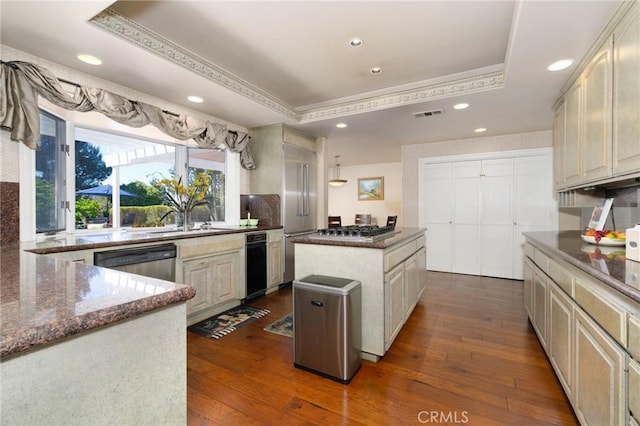 kitchen featuring a sink, a raised ceiling, recessed lighting, and dark wood-style flooring