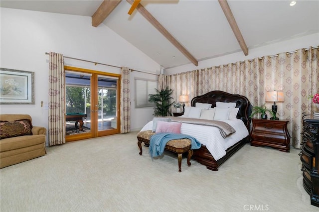 bedroom featuring french doors, access to exterior, carpet floors, high vaulted ceiling, and beamed ceiling