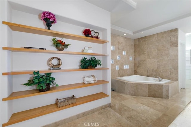 full bathroom featuring recessed lighting, tile patterned floors, tiled shower, and tiled tub