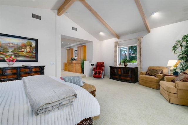 bedroom with carpet floors, visible vents, high vaulted ceiling, and beamed ceiling